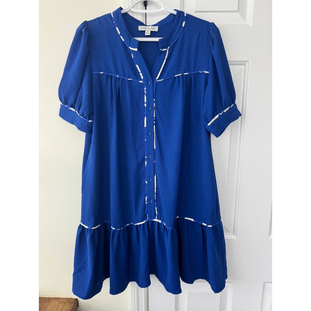 She + Sky Blue Babydoll Mini Dress Button Front Puff Sleeve Ruffle Hem M